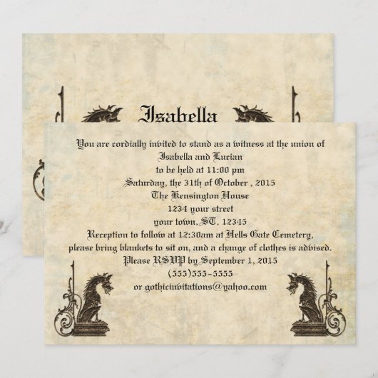 Embossed Look Dragons Goth Wedding Einladungen (Vorne/Hinten)