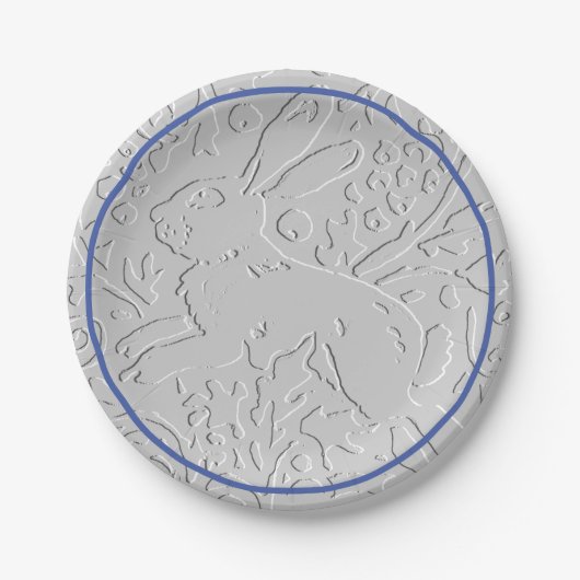 Embossed Look Gray Rabbit Bunny Blue Border Pappteller (Vorderseite)