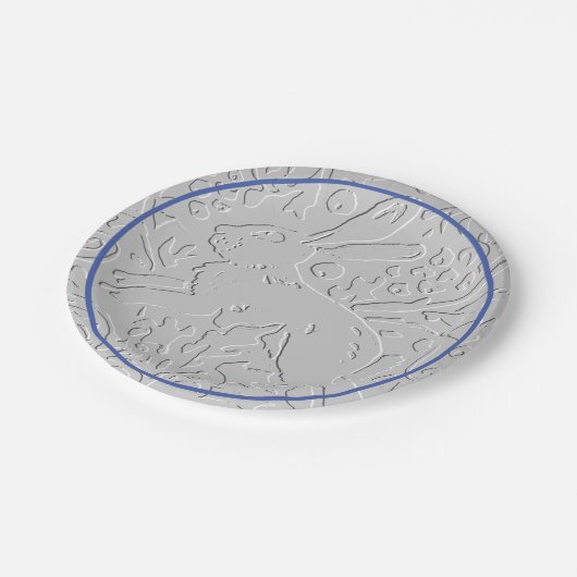 Embossed Look Gray Rabbit Bunny Blue Border Pappteller (Schrägansicht)