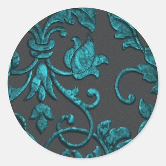 Embossed Metallic Damask, Aquamarin Runder Aufkleber (Vorderseite)