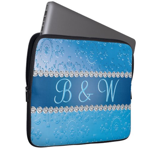 Embossed Monogram Blue Blume Laptopschutzhülle (Vorne Rechts)