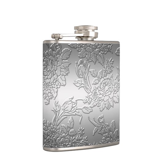 Embossed Polished Silver Rose und Tulips Flachmann (Rechts)