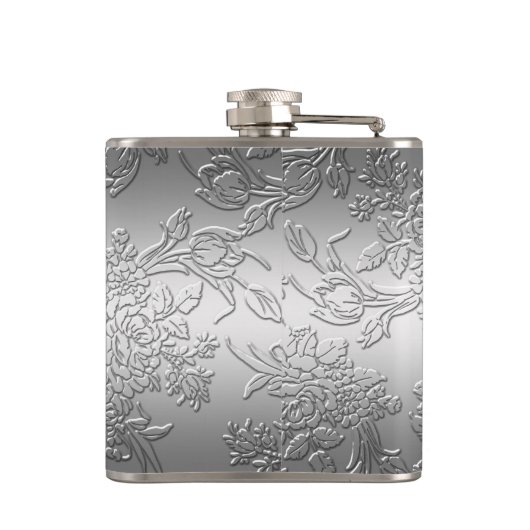 Embossed Polished Silver Rose und Tulips Flachmann (Rückseite)