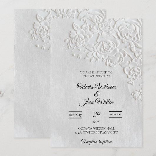 Embossed Roses Deckled Edge Sage Wedding Einladung (Vorne/Hinten)