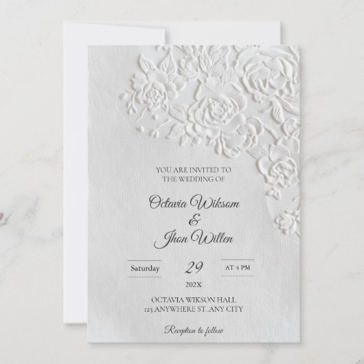 Embossed Roses Deckled Edge Sage Wedding Einladung (Vorderseite)