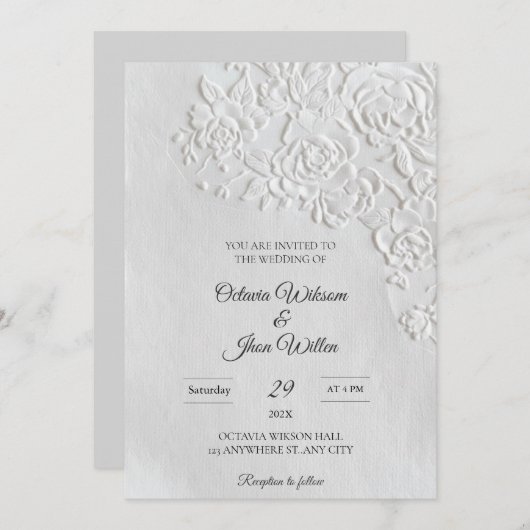 Embossed Roses Deckled Edge Sage Wedding Einladung (Vorne/Hinten)