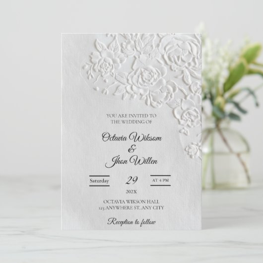 Embossed Roses Deckled Edge Sage Wedding  Einladung (Stehend Vorderseite)