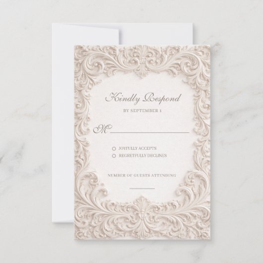 Embossed Style Ivory Rococo Scroll Wedding RSVP Karte (Vorderseite)