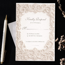 Embossed Style Ivory Rococo Scroll Wedding RSVP Karte