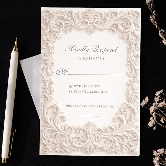 Embossed Style Ivory Rococo Scroll Wedding RSVP Karte