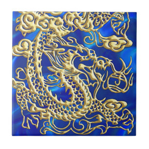 Embosses Gold Dragon auf Blue Satin Print Fliese