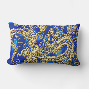 Embosses Gold Dragon auf Blue Satin Print Lendenkissen