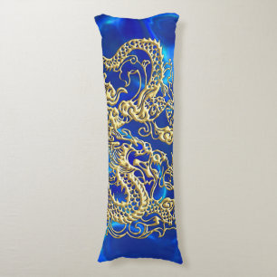 Embosses Gold Dragon auf Blue Satin Print Seitenschläferkissen