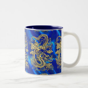 Embosses Gold Dragon auf Blue Satin Print Zweifarbige Tasse