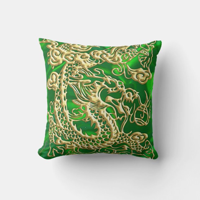 Embosses Gold Dragon auf Green Satin Print Kissen (Vorderseite)
