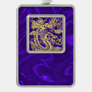 Embosses Gold Dragon auf Lila Satin Print Rahmen-Ornament Silber