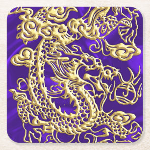 Embosses Gold Dragon auf Lila Satin Print Rechteckiger Pappuntersetzer