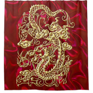 Embosses Gold Dragon auf Red Satin Print Duschvorhang