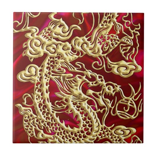 Embosses Gold Dragon auf Red Satin Print Fliese (Vorderseite)