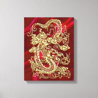 Embosses Gold Dragon auf Red Satin Print Leinwanddruck
