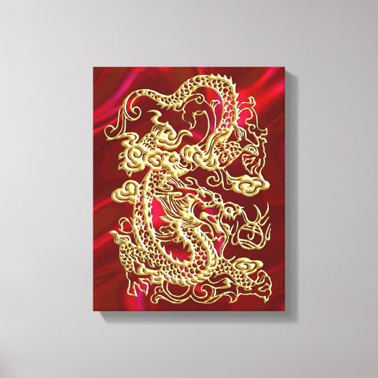 Embosses Gold Dragon auf Red Satin Print Leinwanddruck (Vorderseite)