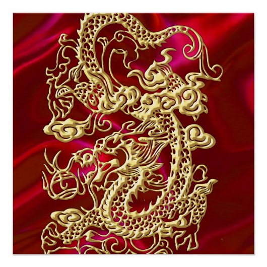 Embosses Gold Dragon auf Red Satin Print Poster (Vorderseite)
