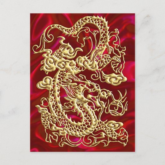 Embosses Gold Dragon auf Red Satin Print Postkarte (Vorderseite)