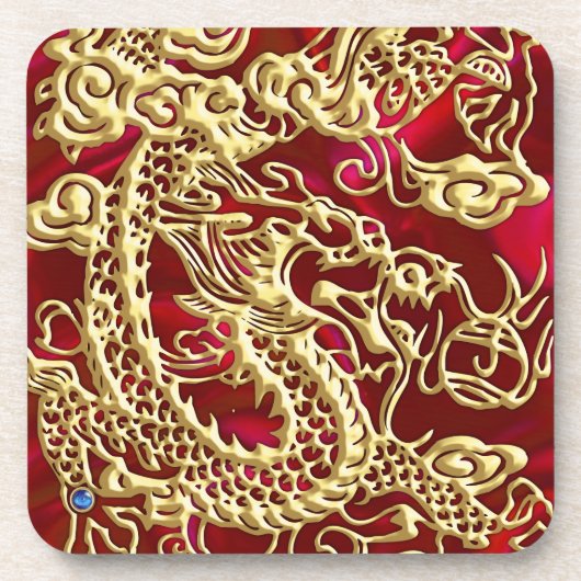 Embosses Gold Dragon auf Red Satin Print Untersetzer (Vorderseite)