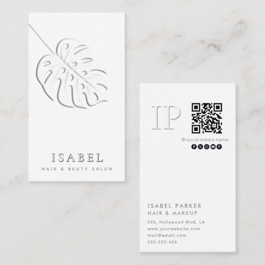Embosses Monstera-Blatt-Monogramm Qr-Code Visitenkarte (Vorne/Hinten)