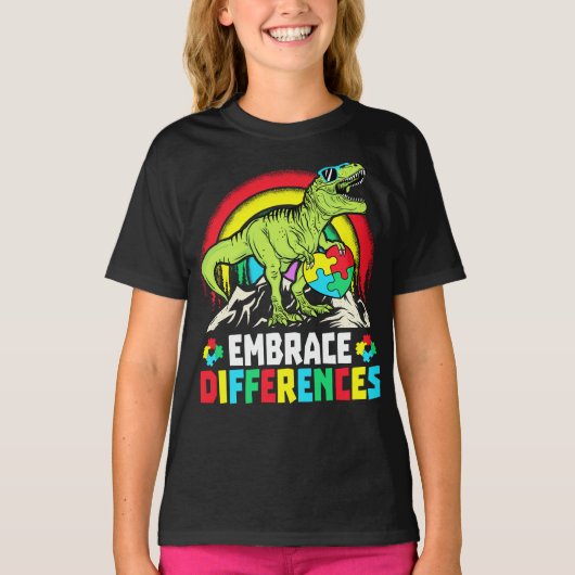 Embrace Differenzen T Rex Dinosaur Autismus Awaren T-Shirt (Vorderseite)