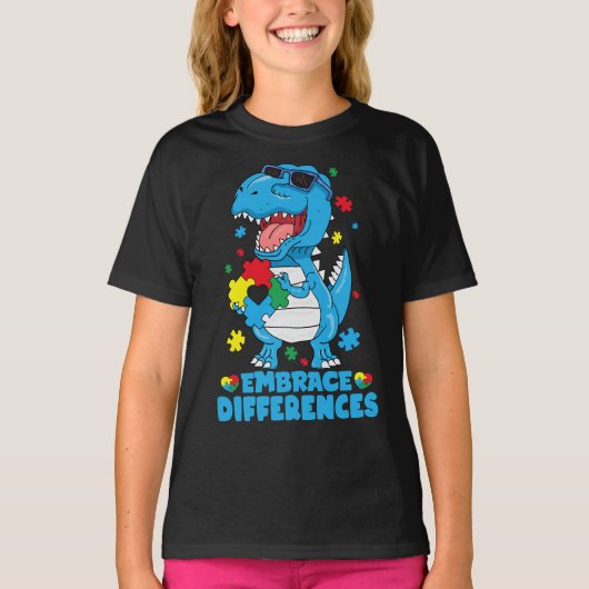 Embrace Differenzen T Rex Dinosaur Autismus Awaren T-Shirt (Vorderseite)