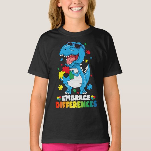 Embrace Differenzen T Rex Dinosaur Autismus Awaren T-Shirt (Vorderseite)