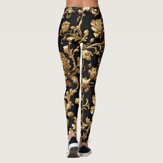 Embrace Elegance: Schwarze und goldene Flora Leggings (Rückseite)