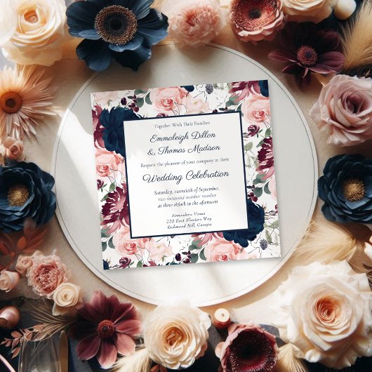 Embrace Floral Pattern Wedding | Burgundy Navy Einladung