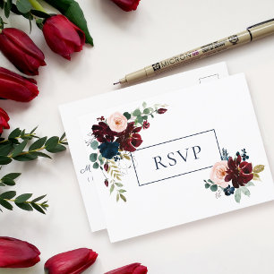 Embrace Floral Wedding RSVP   Burgundy Navy Blue Einladungspostkarte