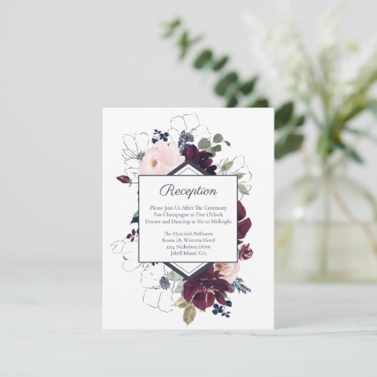 Embrace Florals Wedding Reception | Burgundy Navy Begleitkarte (Stehend Vorderseite)