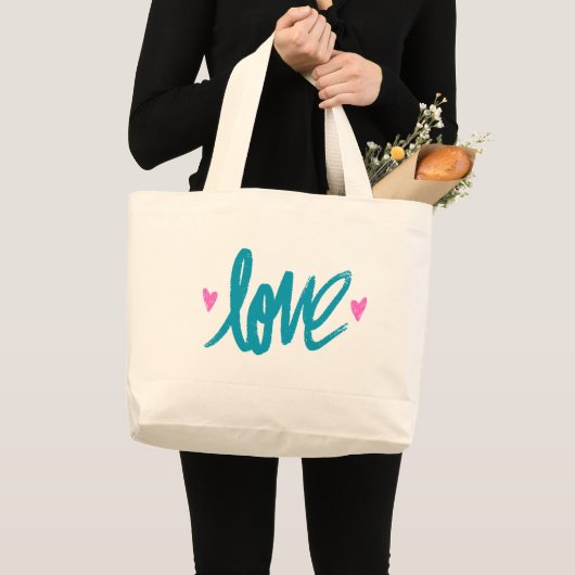Embrace The Love Turquoise Pink Heart Tote Bag Jumbo Stoffbeutel (Vorderseite (Produkt))