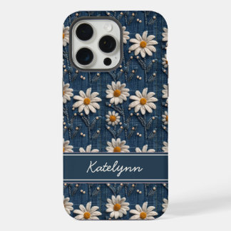 Embroidered Daisy Denim Phone Case with Name iPhone 15 Pro Max Hülle
