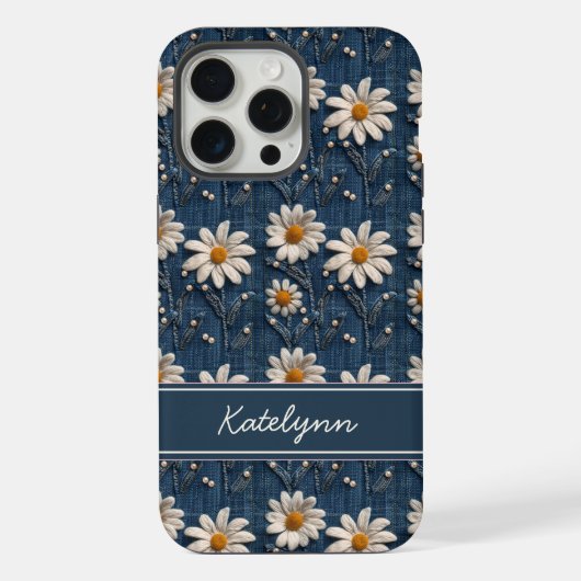 Embroidered Daisy Denim Phone Case with Name iPhone Hülle (Rückseite)