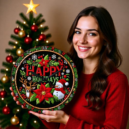 Embroidered Happy Holidays Black Große Wanduhr