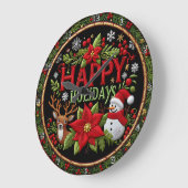 Embroidered Happy Holidays Black Große Wanduhr (Winkel)