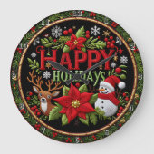 Embroidered Happy Holidays Black Große Wanduhr (Vorderseite)