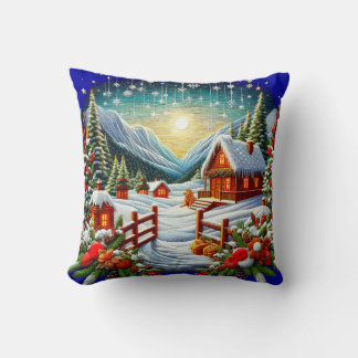 Embroidered Look Outdoor Winter Christmas Scene Kissen