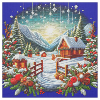 Embroidered Look Outdoor Winter Christmas Scene Stoff