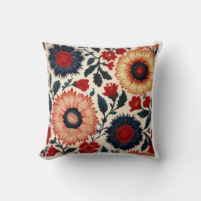 Embroidered Suzani Motif Folk Art FlorThrow Pillow Kissen (Vorderseite)