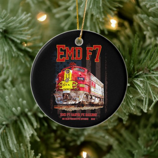 EMD F7 Santa Fe Warbonnet with American Flag. Keramik Ornament (Baum)