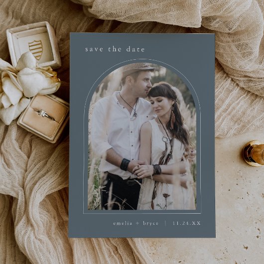 EMELIA Arch Foto Simple Boho Dark Blue Wedding Save The Date