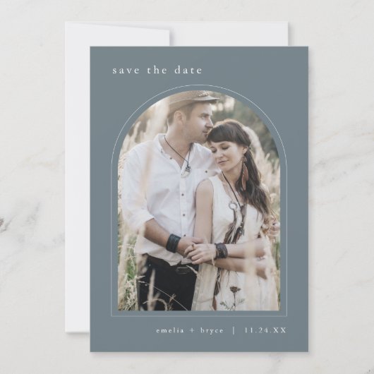 EMELIA Arch Foto Simple Boho Dark Blue Wedding Save The Date (Vorderseite)