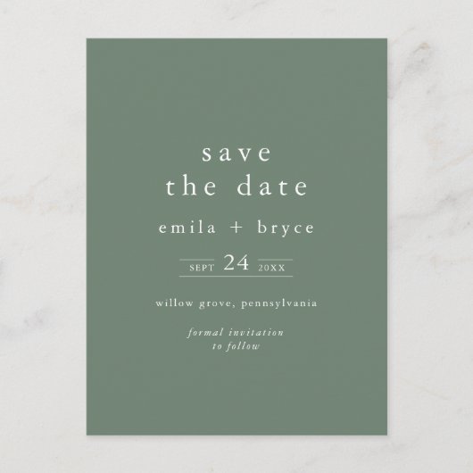 EMELIA Rustic Sage Green Wedding Save the Date Einladungspostkarte (Vorderseite)