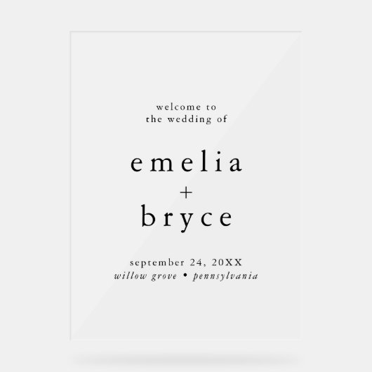 EMELIA Rustic Simple Modern Boho Wedding Willkomme Acrylschild (Vorderseite)